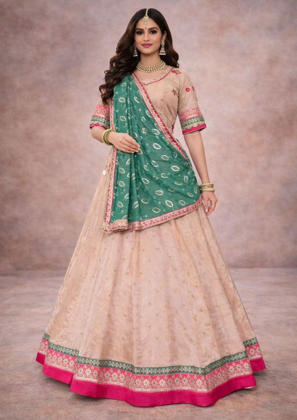 Beige Green Festive Lehenga